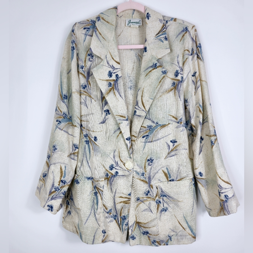 Vintage Cream and Blue Floral Blazer With Lapel Collar